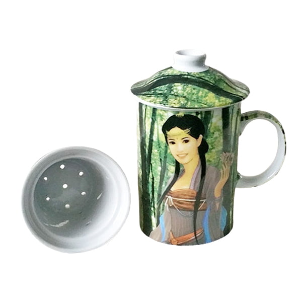 theebeker met deksel en een theefilter en een afbeelding van 2 Chinese meisjes.