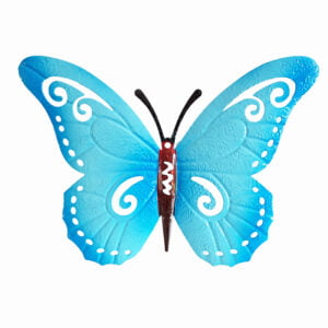 metalen blauwe vlinder voor aan de muur