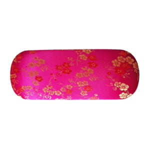 Roze brillenkoker, bekleed met stof met bloemetjesmotief.