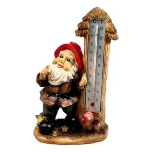 Tuinkabouter met thermometer onder paddenstoel